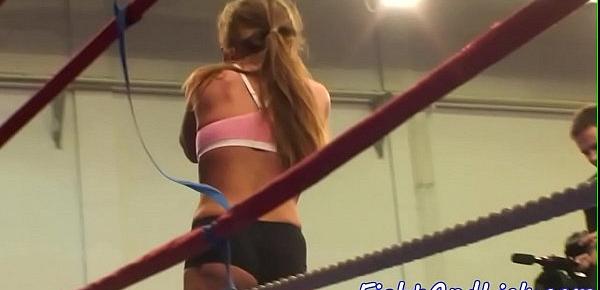  Busty lezzies wrestling in a boxing ring